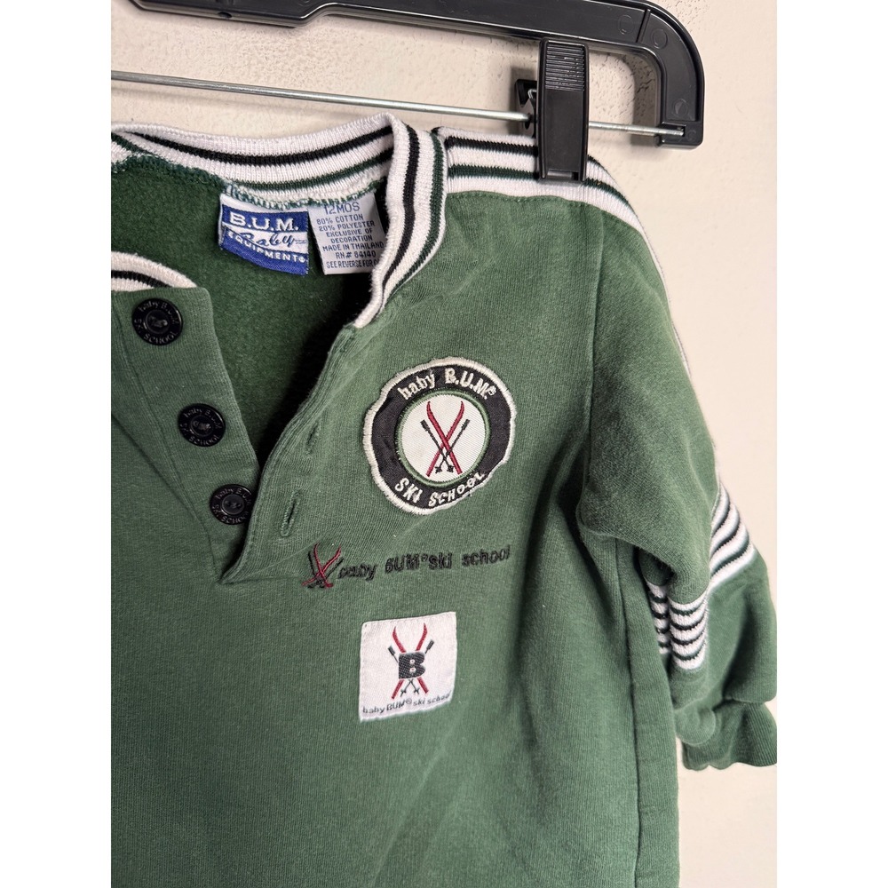 Vintage B.U.M. Equipment Baby Ski School Green Fleece Button Romper 12 Months - Picture 3 of 5